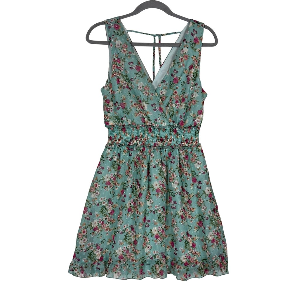 Speechless Dress Juniors M Green Floral Smocked V Neck Ruffle Hem Sundress
